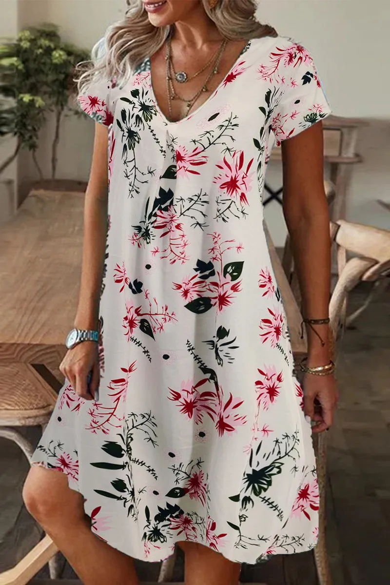 Casual Print Patchwork V Neck A Line Short Sleeve Dress