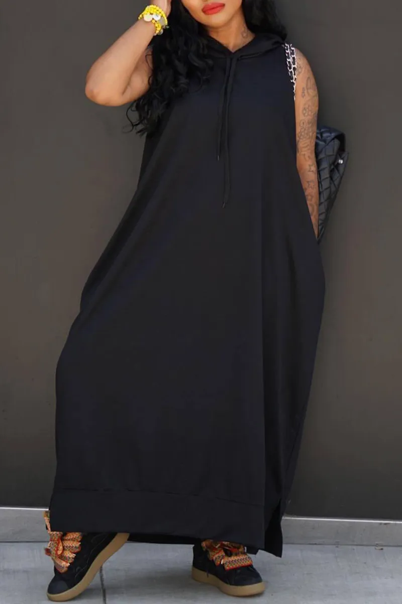 Casual Solid Draw String Pocket Slit Hooded Collar Straight Dresses