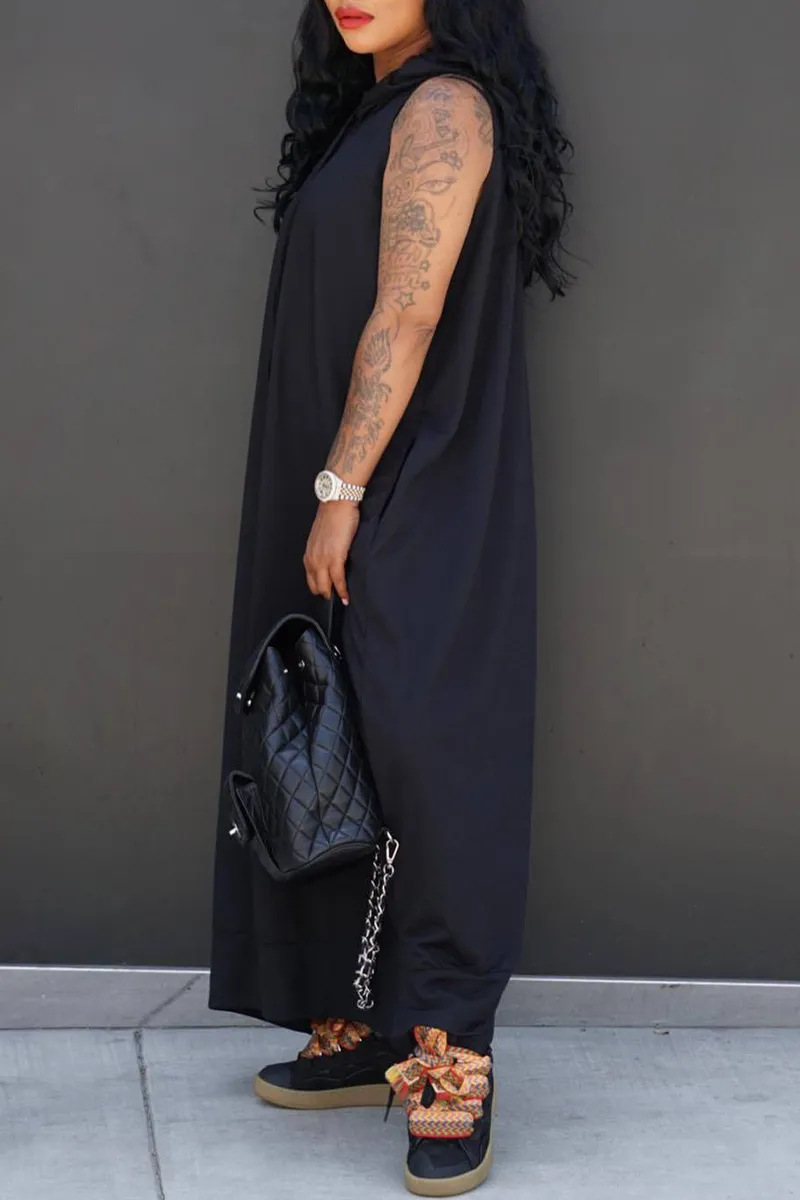 Casual Solid Draw String Pocket Slit Hooded Collar Straight Dresses