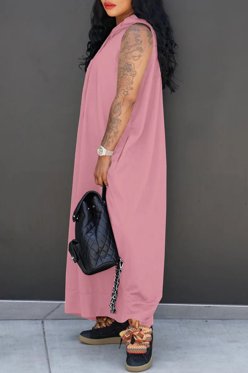 Casual Solid Draw String Pocket Slit Hooded Collar Straight Dresses