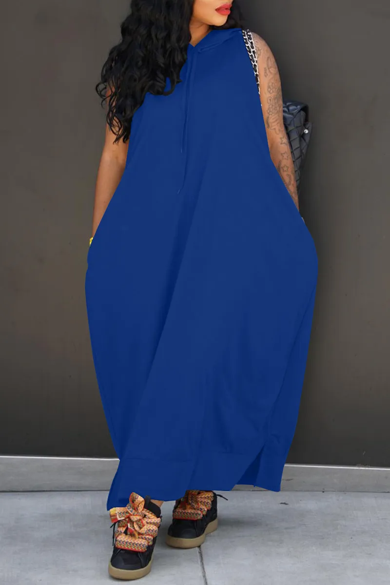 Casual Solid Draw String Pocket Slit Hooded Collar Straight Dresses