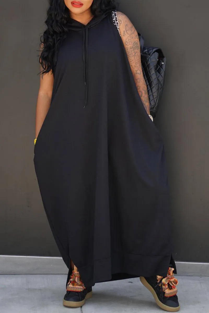 Casual Solid Draw String Pocket Slit Hooded Collar Straight Dresses