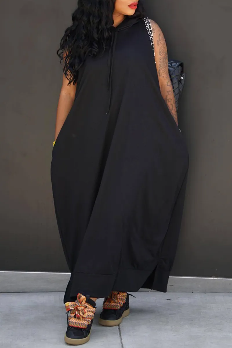 Casual Solid Draw String Pocket Slit Hooded Collar Straight Dresses