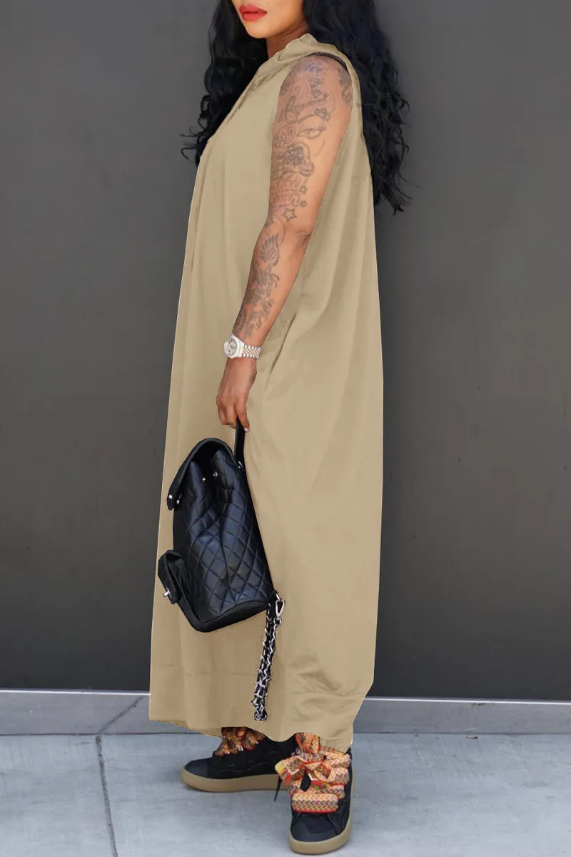 Casual Solid Draw String Pocket Slit Hooded Collar Straight Dresses