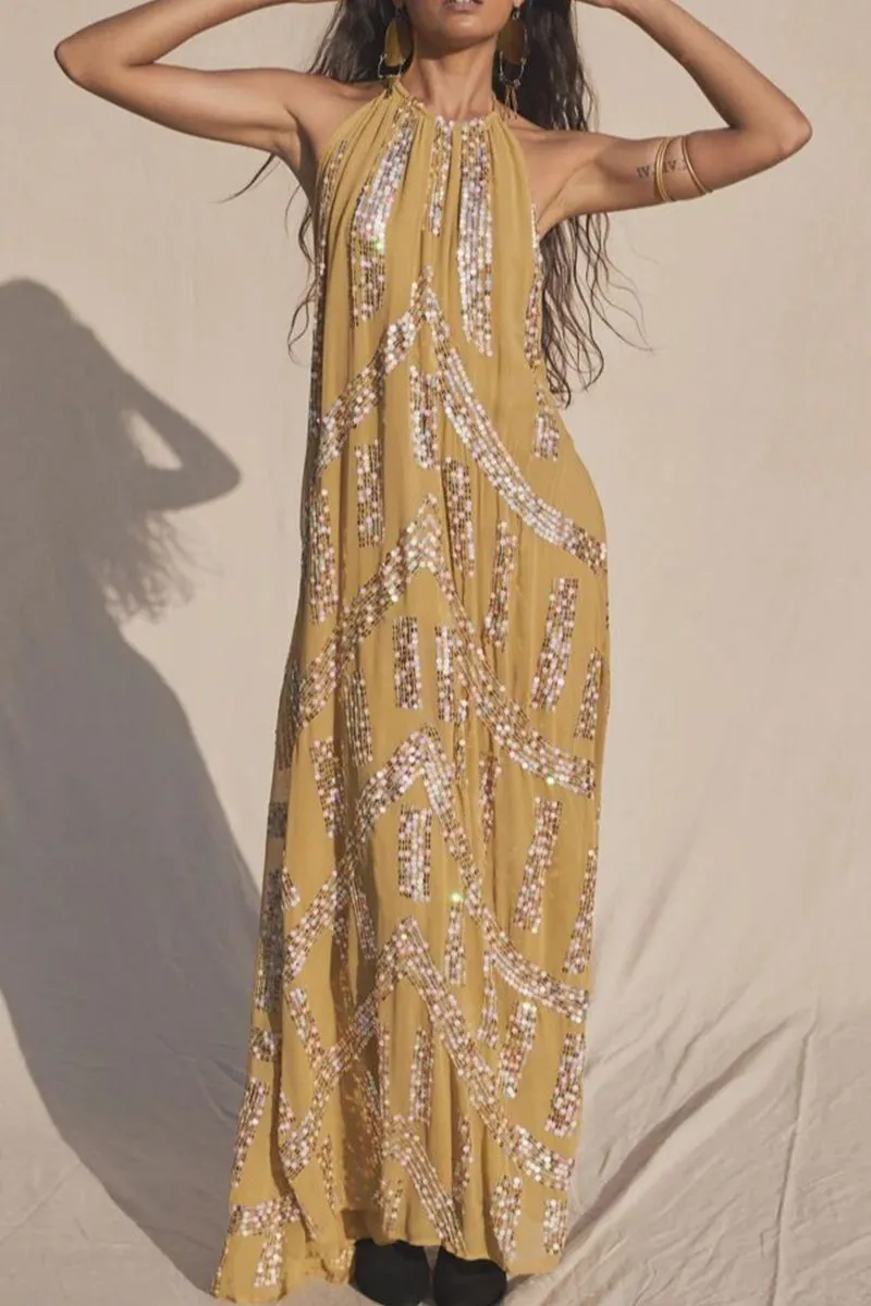 Casual Sweet Sequins Patchwork High Opening Halter Long Dress Dresses