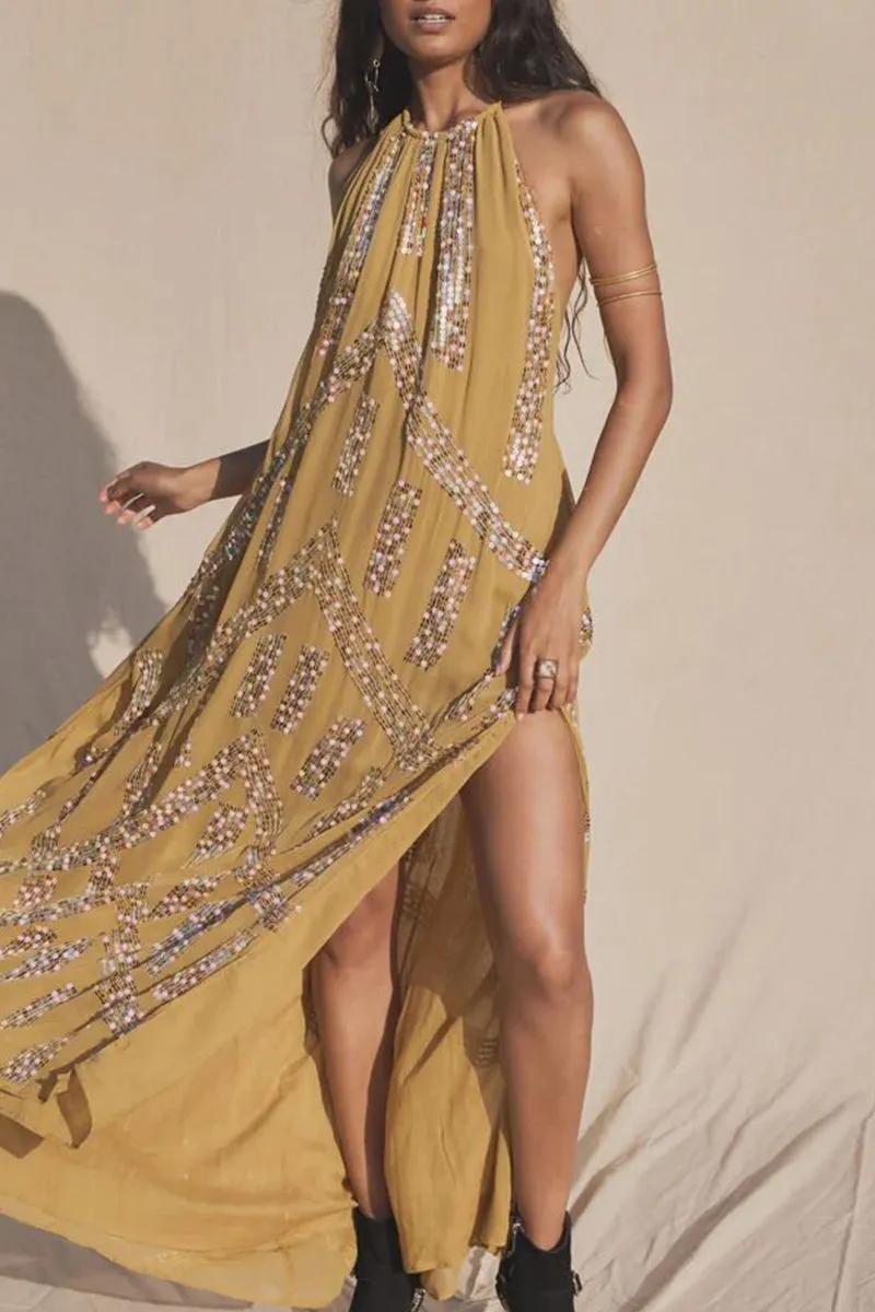 Casual Sweet Sequins Patchwork High Opening Halter Long Dress Dresses