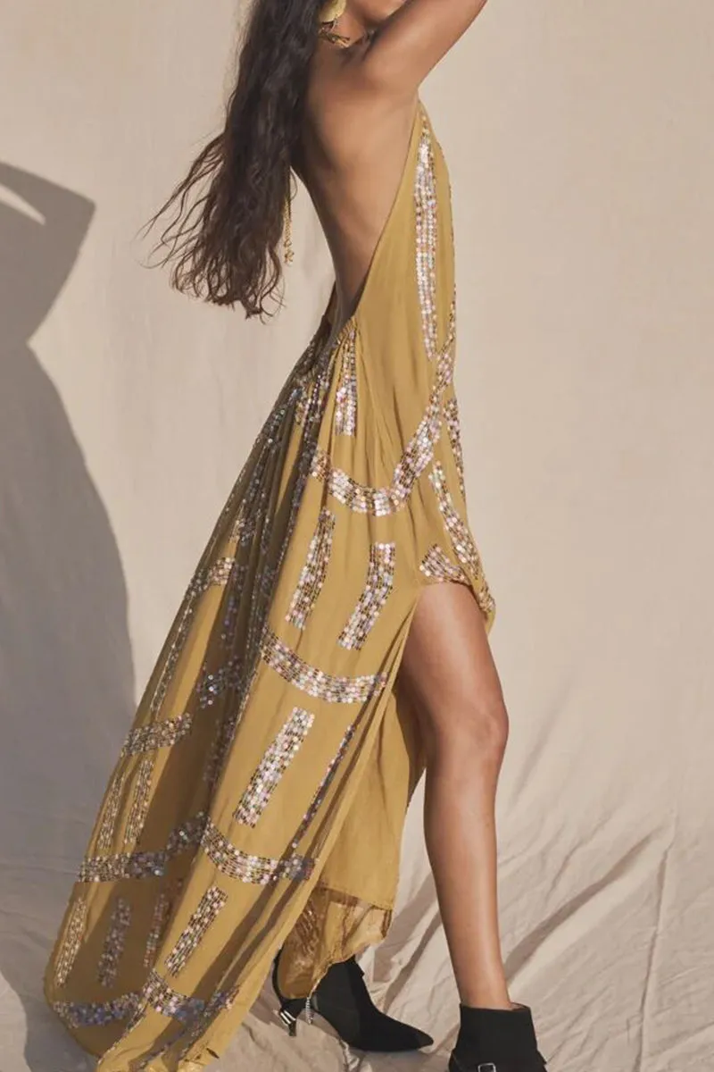 Casual Sweet Sequins Patchwork High Opening Halter Long Dress Dresses