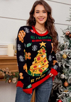 Charming Christmas Tree Contrast Jacquard Sweater for Festive Comfort