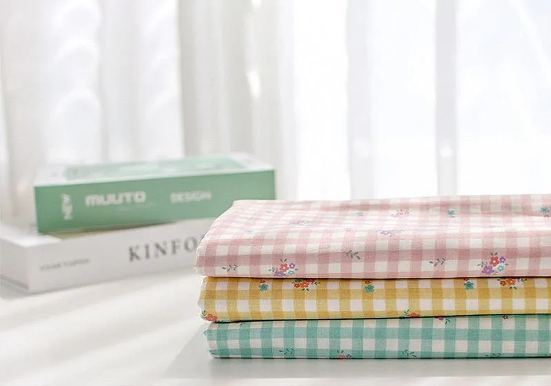 Check and Flowers Cotton Fabric, Wide Fabric 62 inches, Plaid and Flowers, Quality Korean Fabric - Pink, Yellow, Mint - By the Yard 43409-1