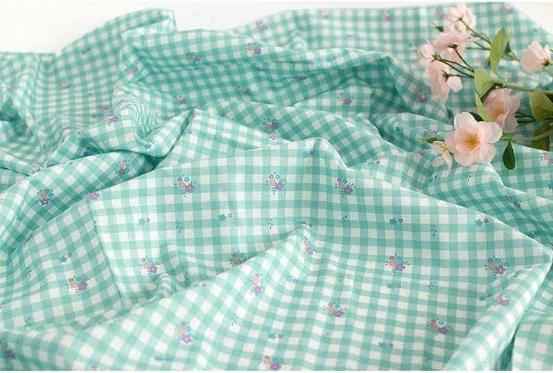 Check and Flowers Cotton Fabric, Wide Fabric 62 inches, Plaid and Flowers, Quality Korean Fabric - Pink, Yellow, Mint - By the Yard 43409-1