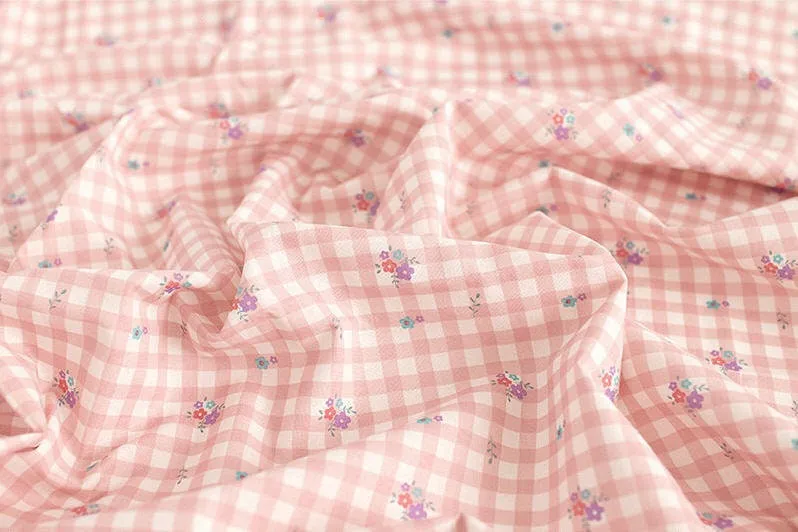 Check and Flowers Cotton Fabric, Wide Fabric 62 inches, Plaid and Flowers, Quality Korean Fabric - Pink, Yellow, Mint - By the Yard 43409-1