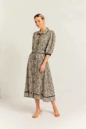 Chloe Linen Dress in Black Raya Print