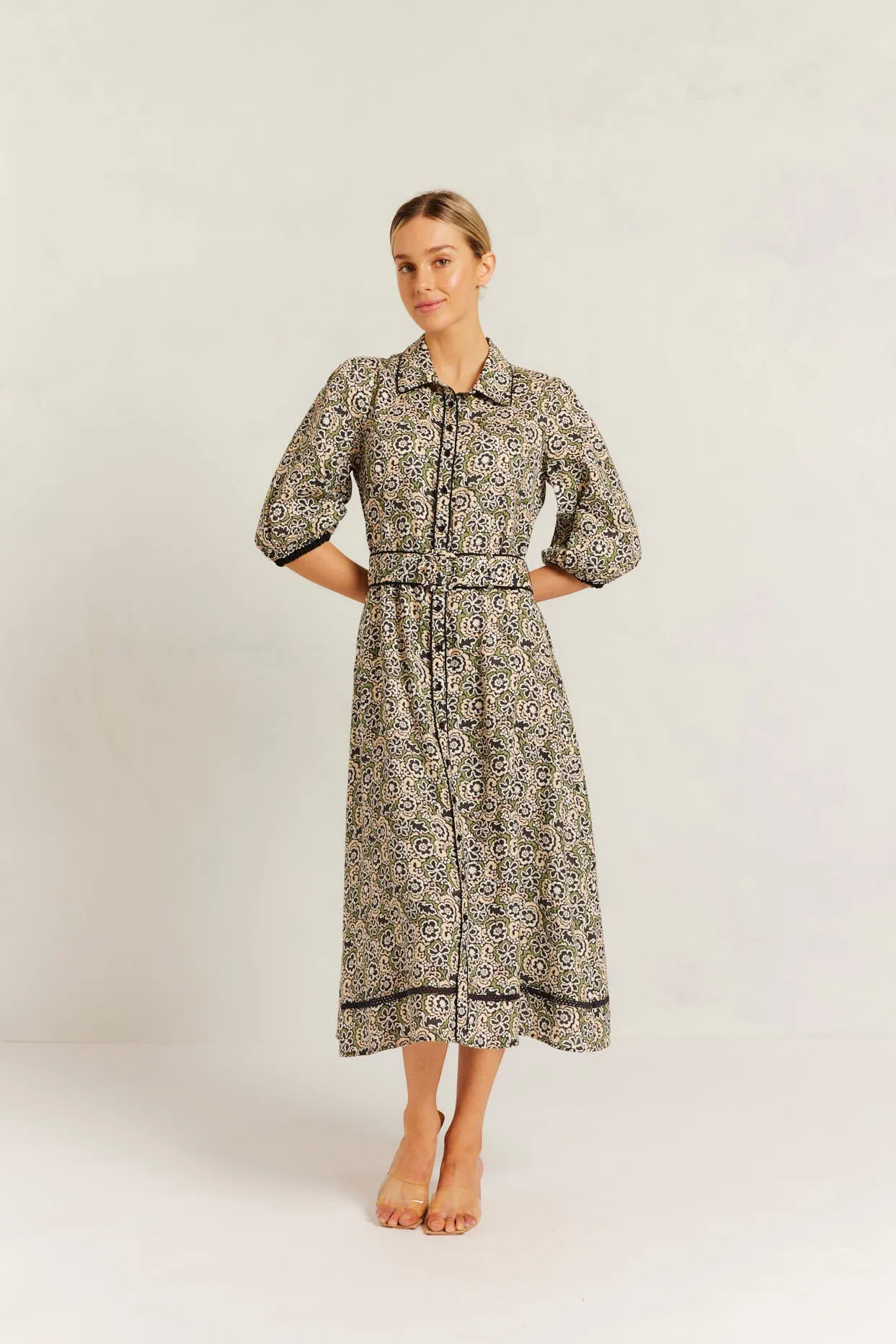 Chloe Linen Dress in Black Raya Print