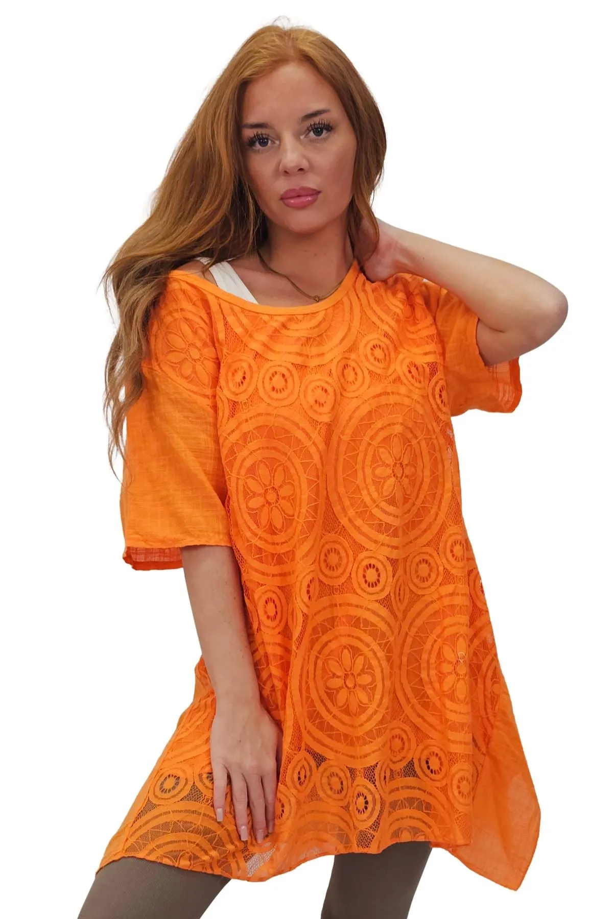 Circular Geometric Pattern Side Slit Cotton Top
