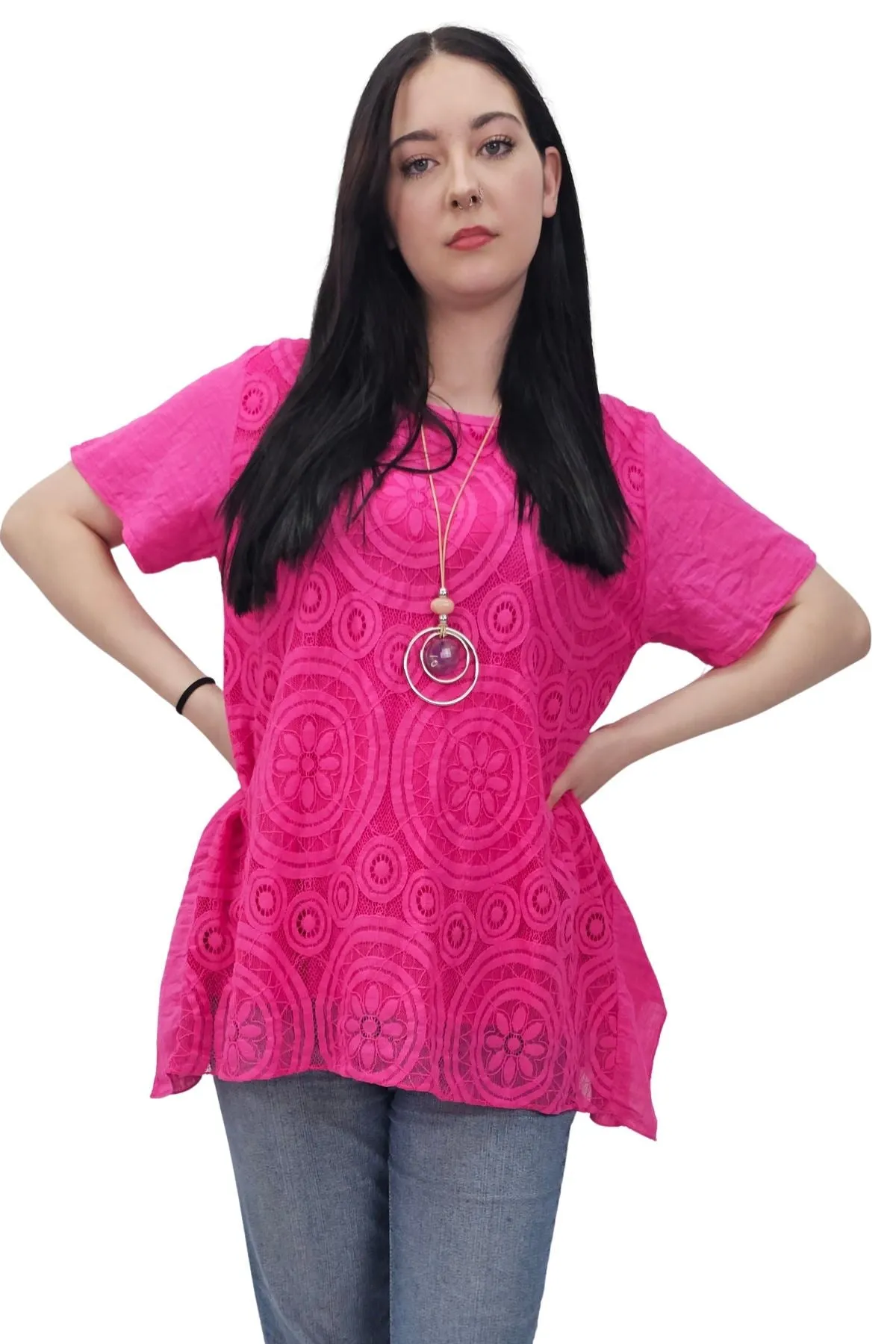Circular Geometric Pattern Side Slit Cotton Top