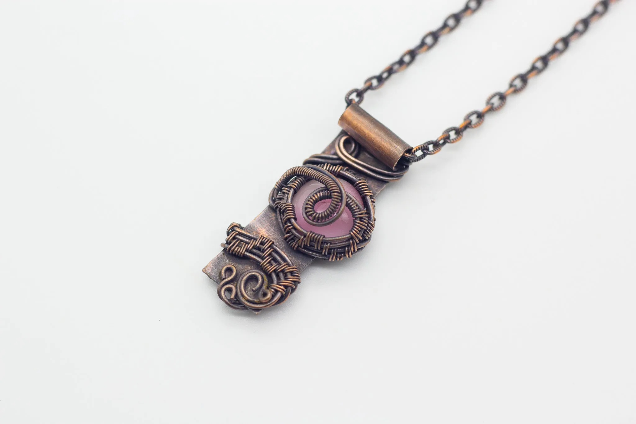 Copper Bar Necklace Pink Fused Glass