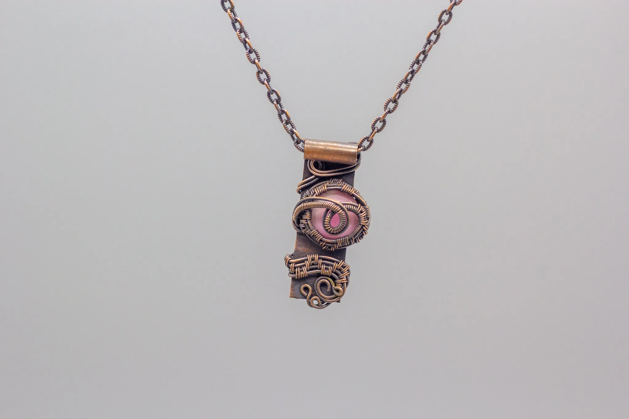 Copper Bar Necklace Pink Fused Glass