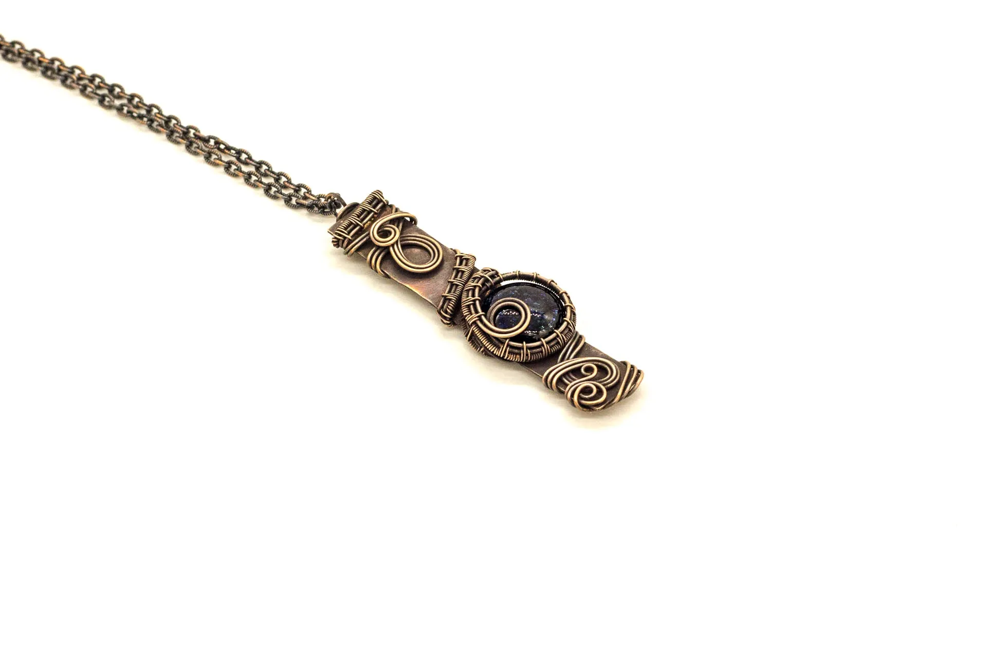Copper Bar Necklace with Dark Blue Dichroic Fused Glass