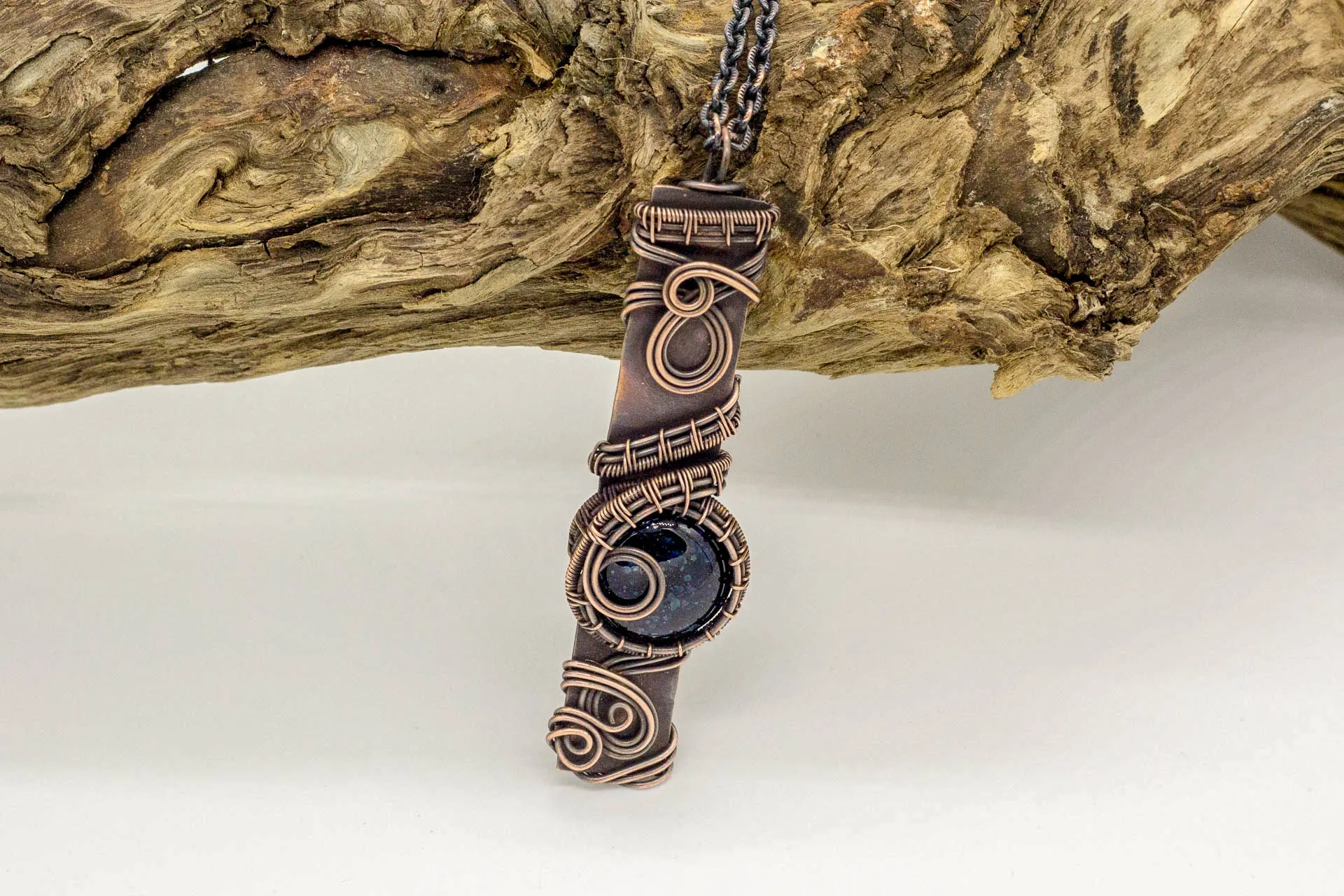 Copper Bar Necklace with Dark Blue Dichroic Fused Glass