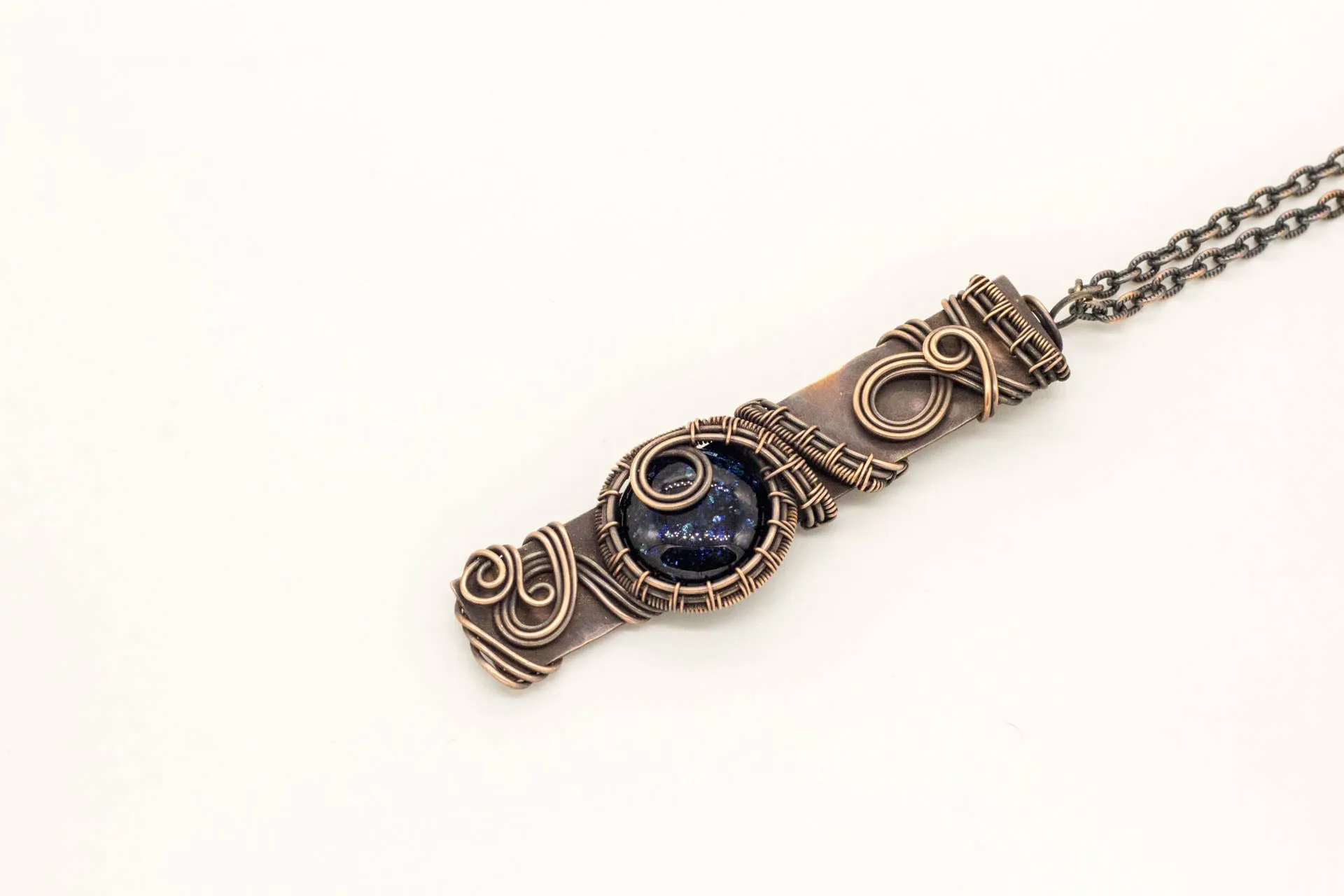 Copper Bar Necklace with Dark Blue Dichroic Fused Glass