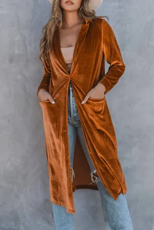 Copper Velvet Long Sleeve Pocket Coat