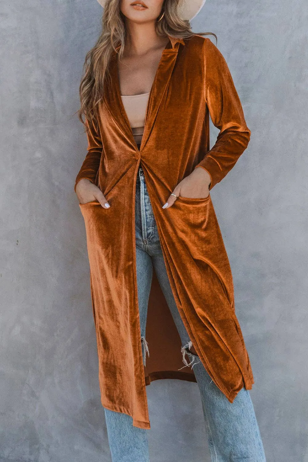 Copper Velvet Long Sleeve Pocket Coat