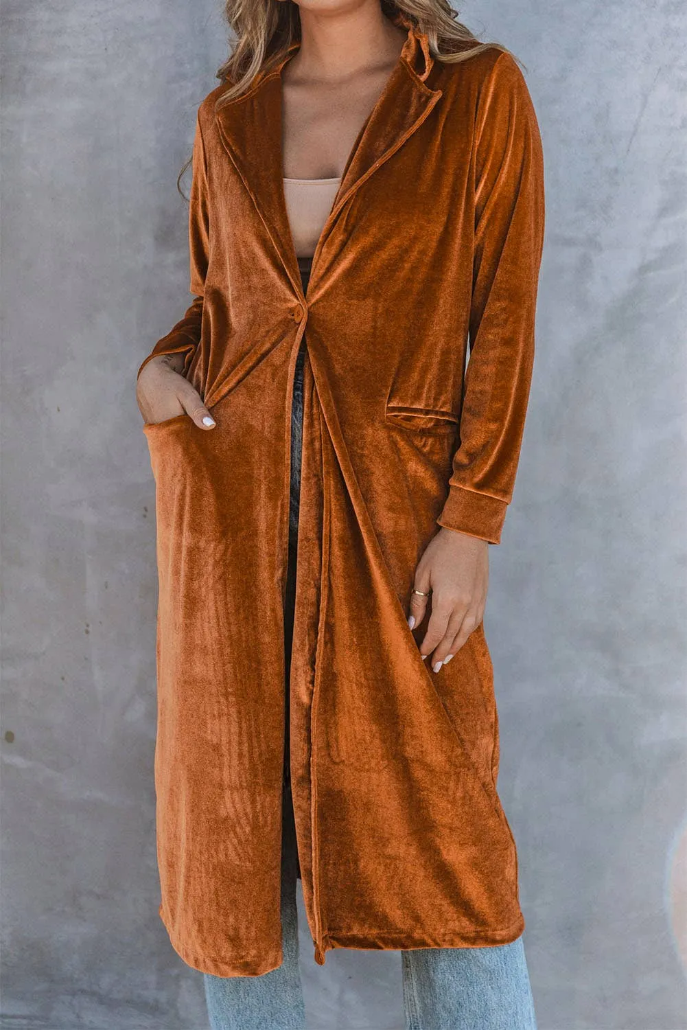 Copper Velvet Long Sleeve Pocket Coat