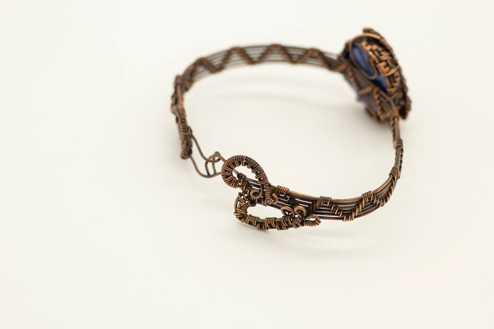 Copper Wire Wrapped Bracelet with Grey and Blue Fused Glass