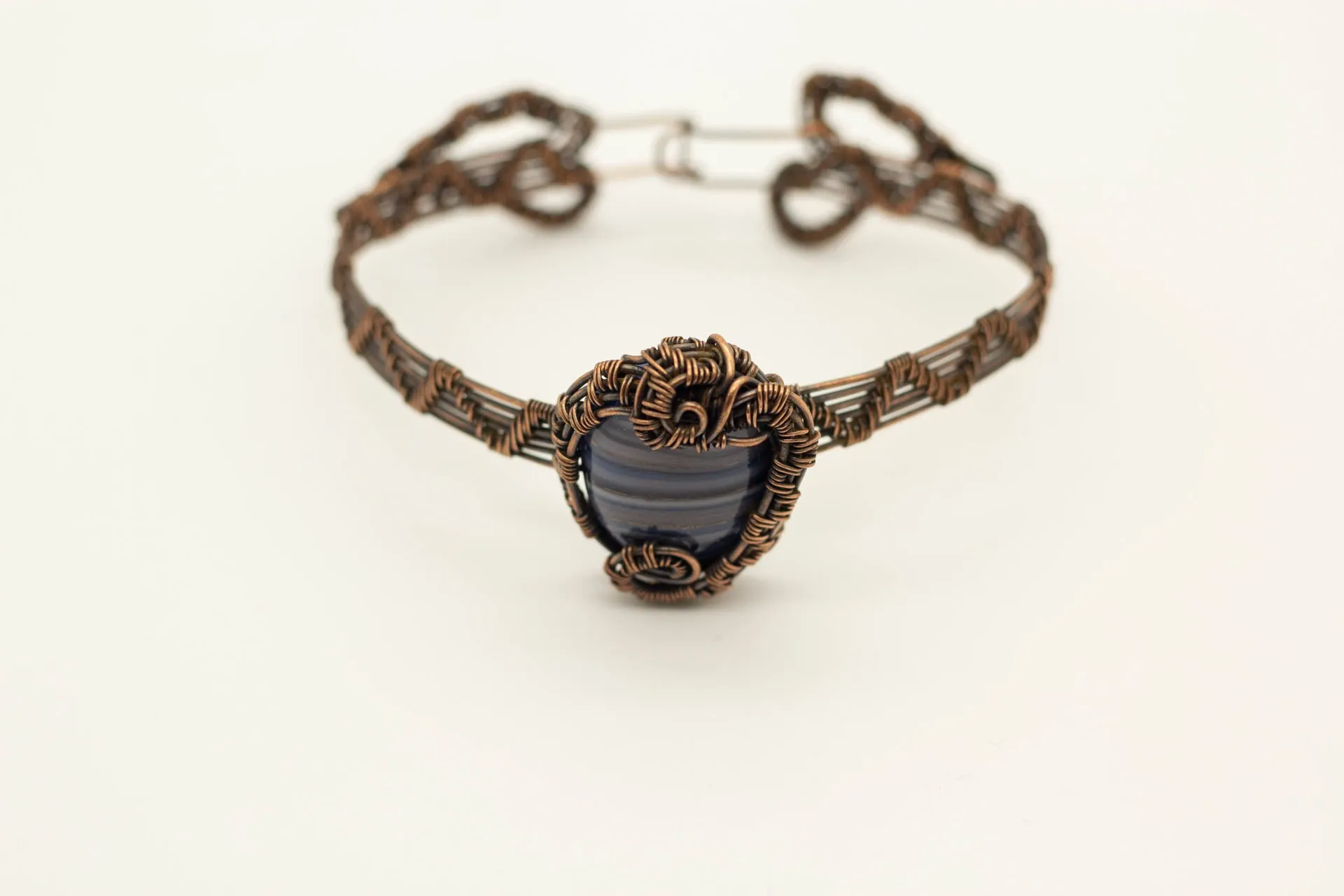 Copper Wire Wrapped Bracelet with Grey and Blue Fused Glass