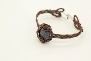Copper Wire Wrapped Bracelet with Grey and Blue Fused Glass