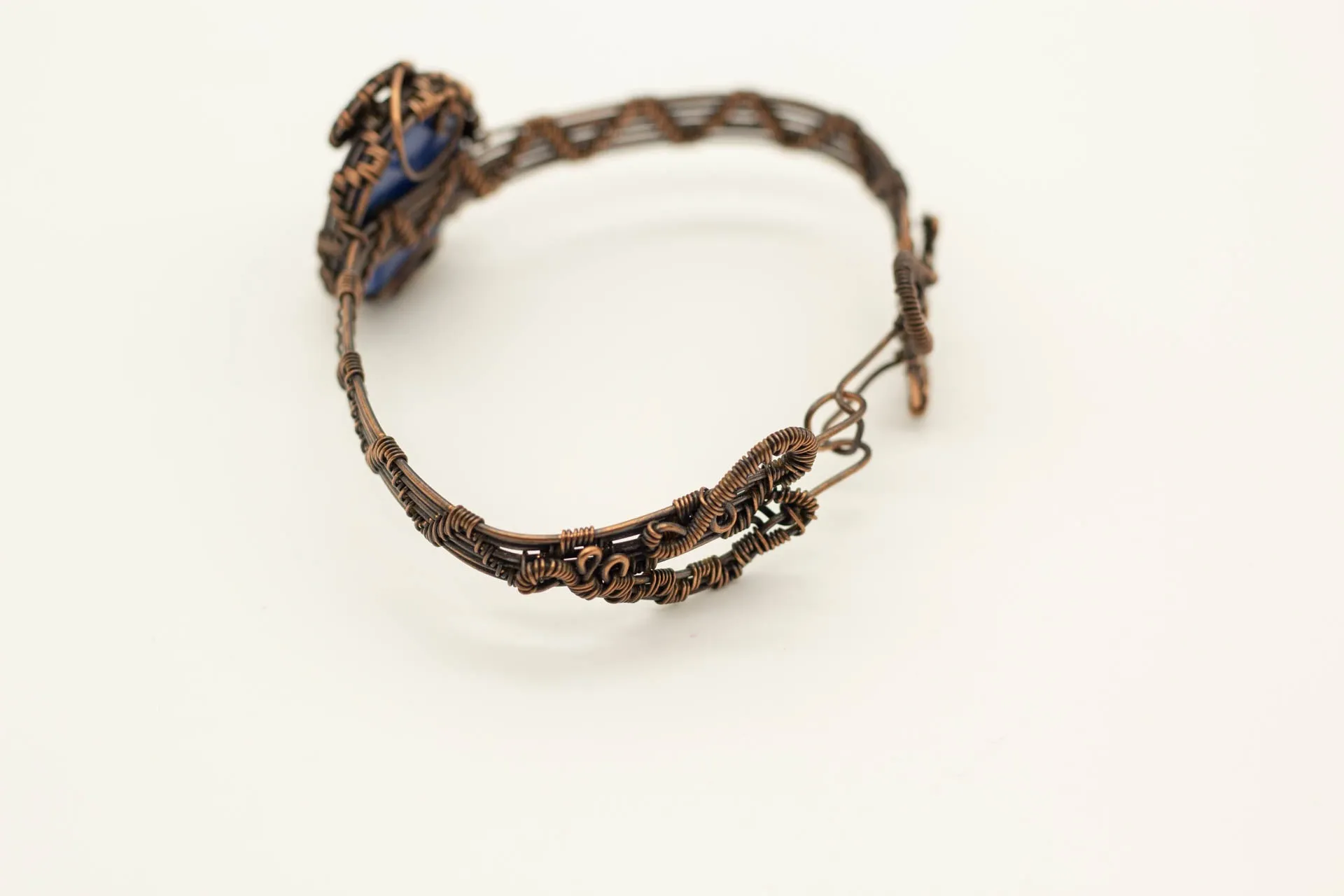 Copper Wire Wrapped Bracelet with Grey and Blue Fused Glass