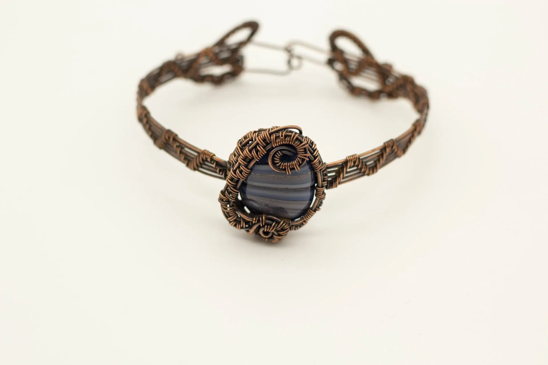 Copper Wire Wrapped Bracelet with Grey and Blue Fused Glass