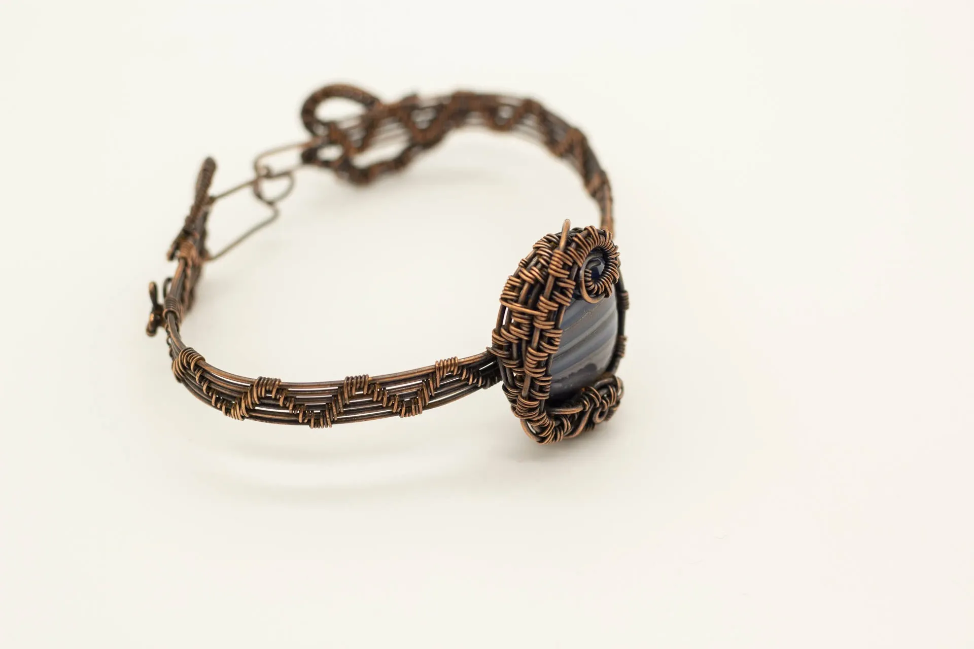 Copper Wire Wrapped Bracelet with Grey and Blue Fused Glass
