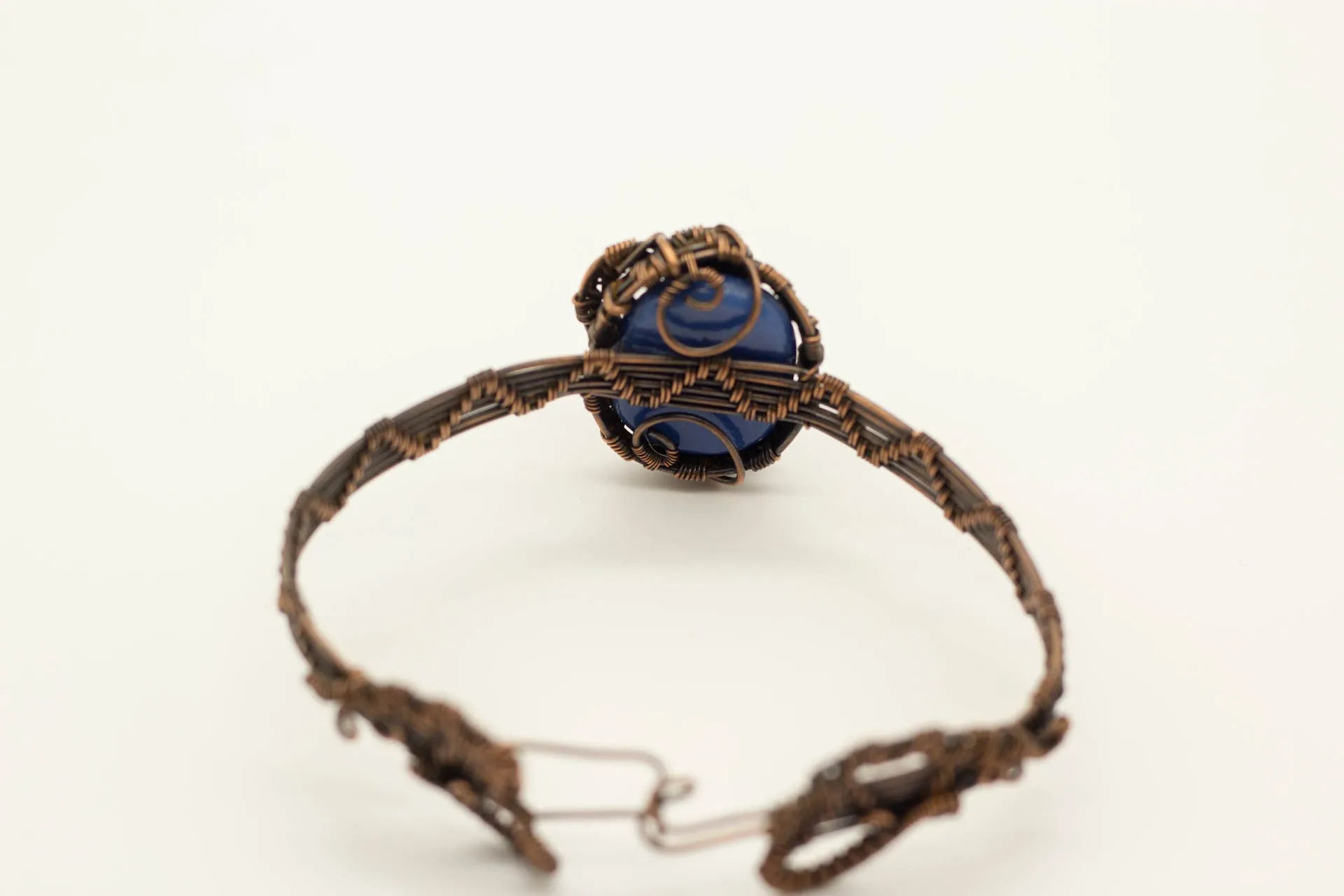 Copper Wire Wrapped Bracelet with Grey and Blue Fused Glass