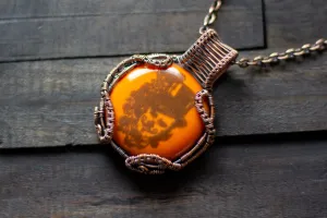 Copper Wire Wrapped Pendant with Steampunk Man on Orange Fused Glass