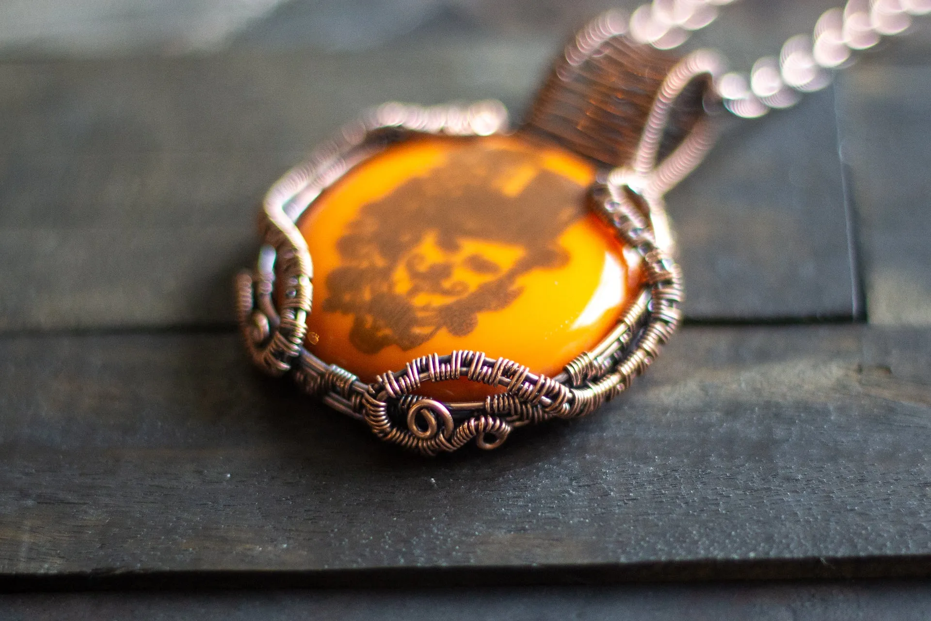 Copper Wire Wrapped Pendant with Steampunk Man on Orange Fused Glass