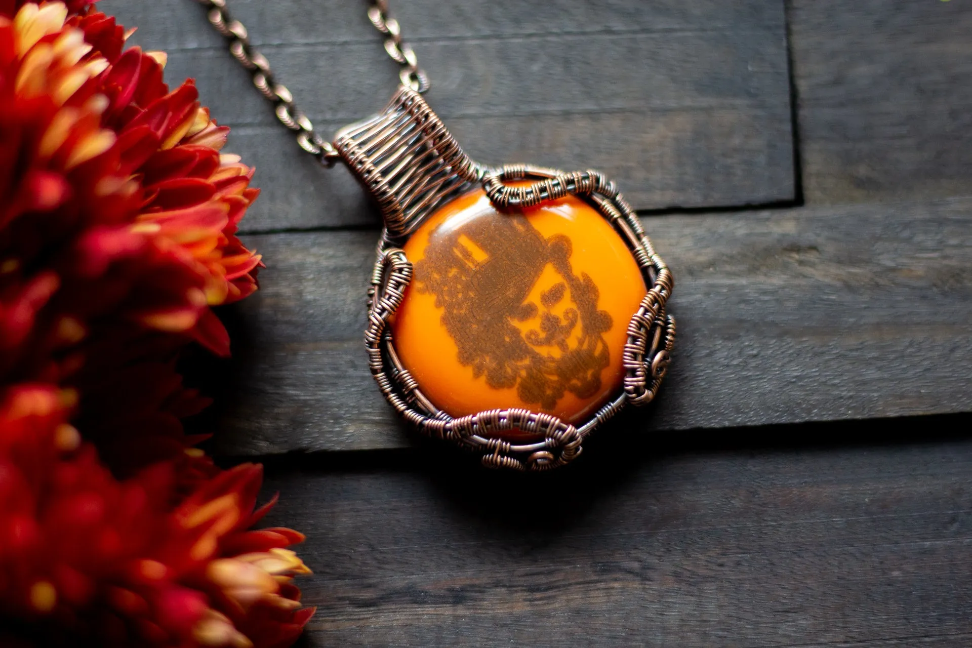 Copper Wire Wrapped Pendant with Steampunk Man on Orange Fused Glass