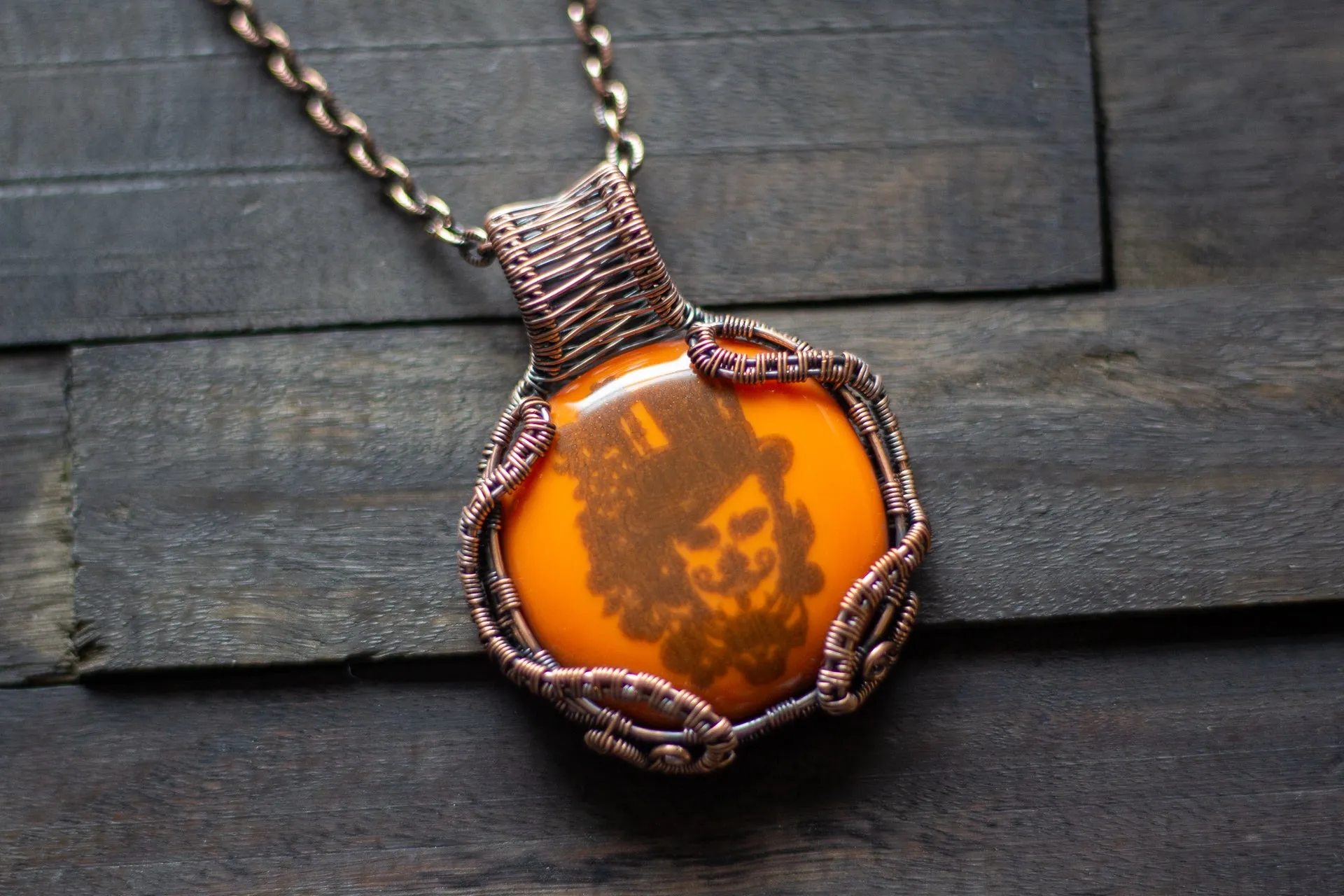 Copper Wire Wrapped Pendant with Steampunk Man on Orange Fused Glass