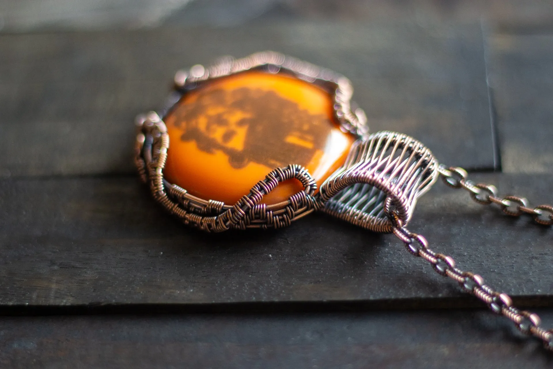 Copper Wire Wrapped Pendant with Steampunk Man on Orange Fused Glass