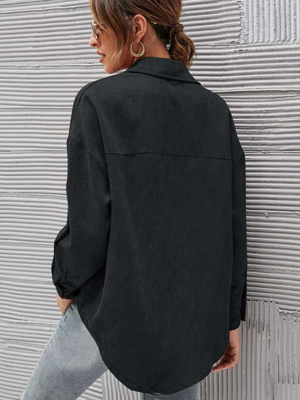 Corduroy Oversized Solid Shacket: Forest