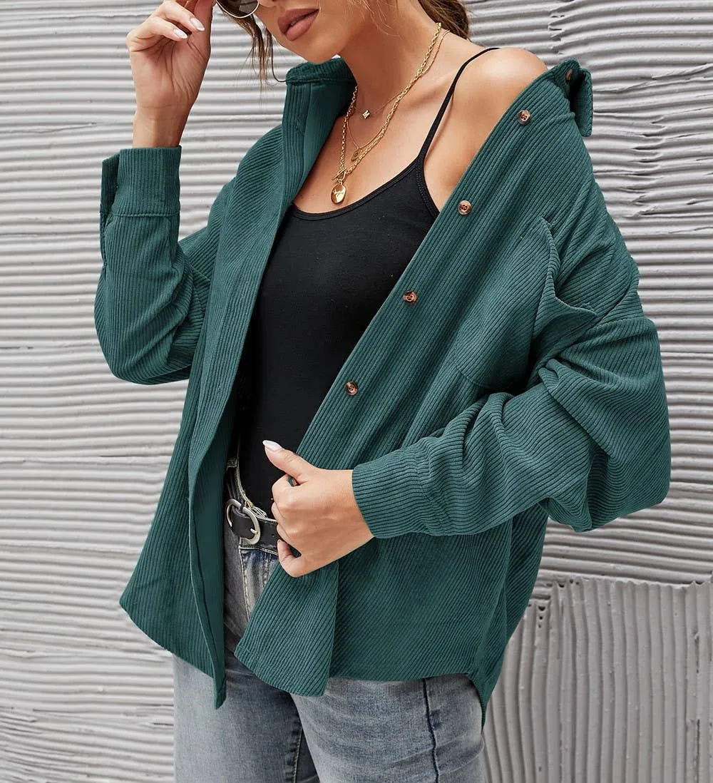 Corduroy Oversized Solid Shacket: Forest