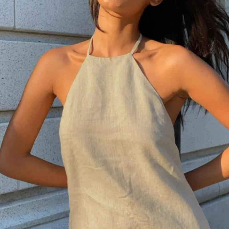 Cotton Backless Halter Mini Dress