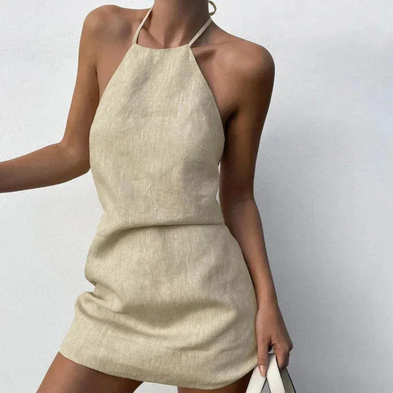 Cotton Backless Halter Mini Dress