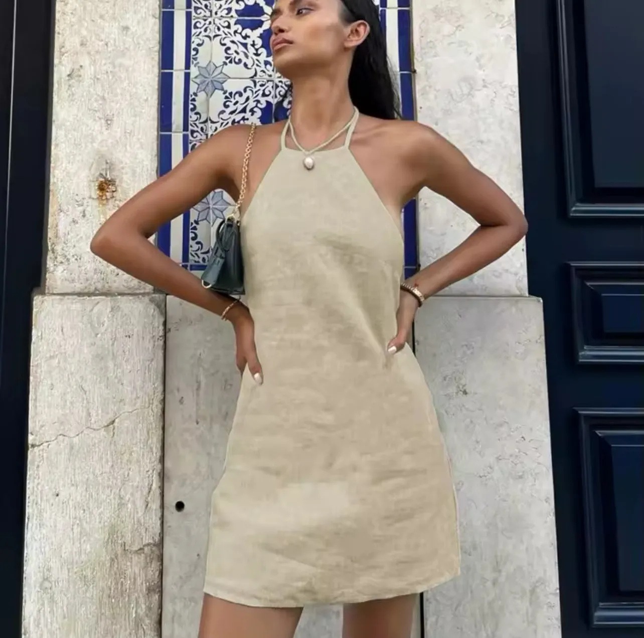 Cotton Backless Halter Mini Dress