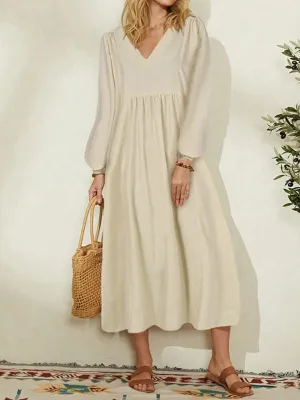 Cotton Linen Maxi Dress with Balloon Sleeves and V-Neck