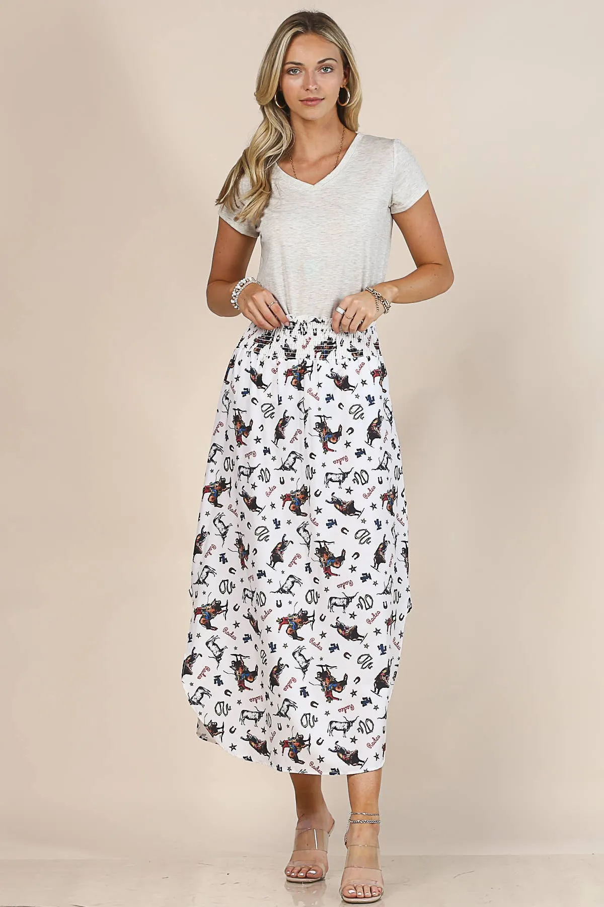 COWBOY PRINT SMOCK WAIST WOVEN SKIRT