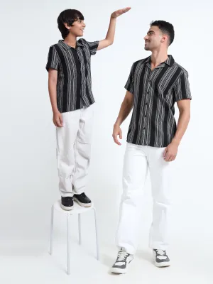 Dad & Son Half Sleeve Textured Striped Sustainable Fabric Twinning Set Black White