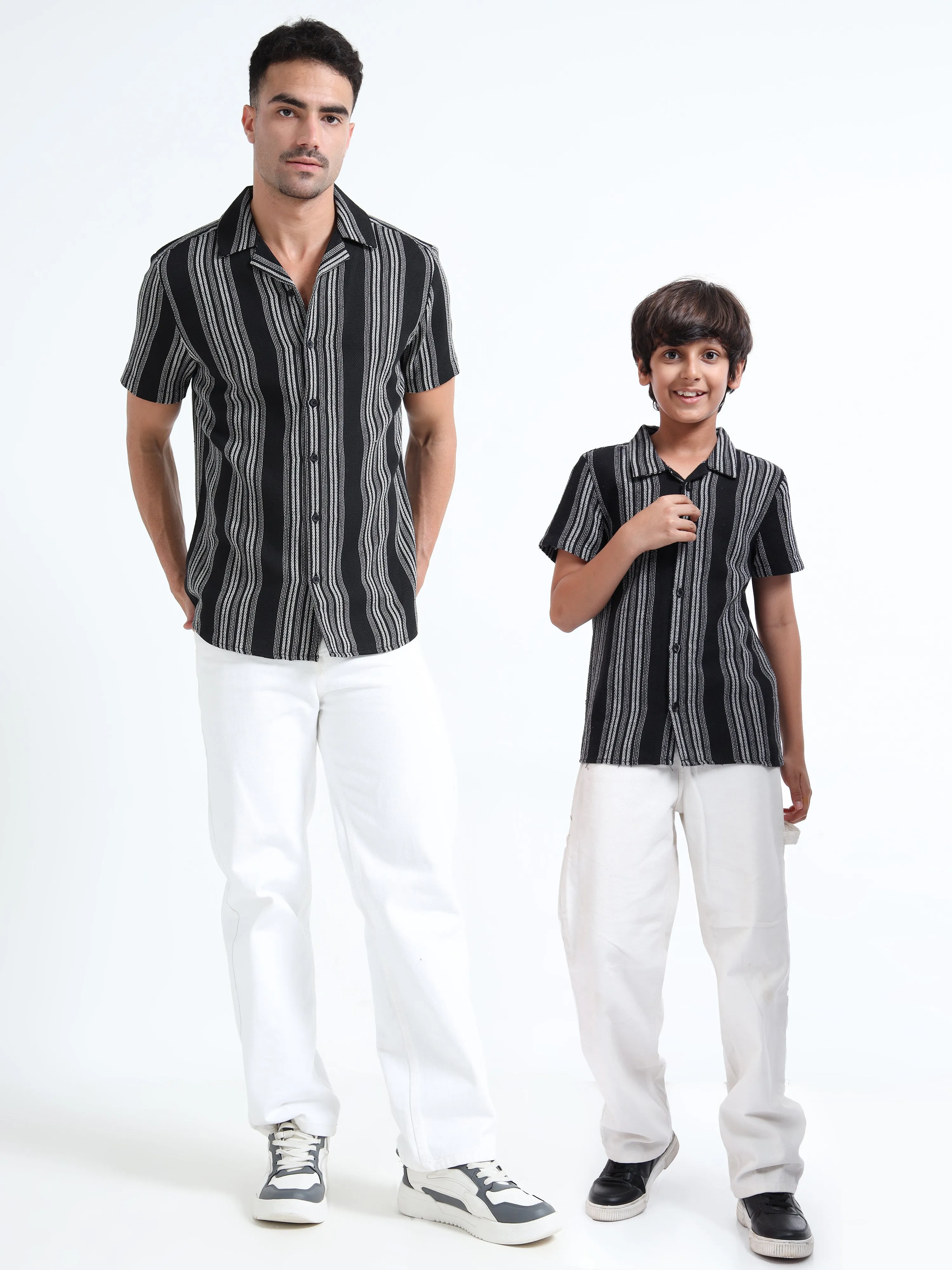Dad & Son Half Sleeve Textured Striped Sustainable Fabric Twinning Set Black White