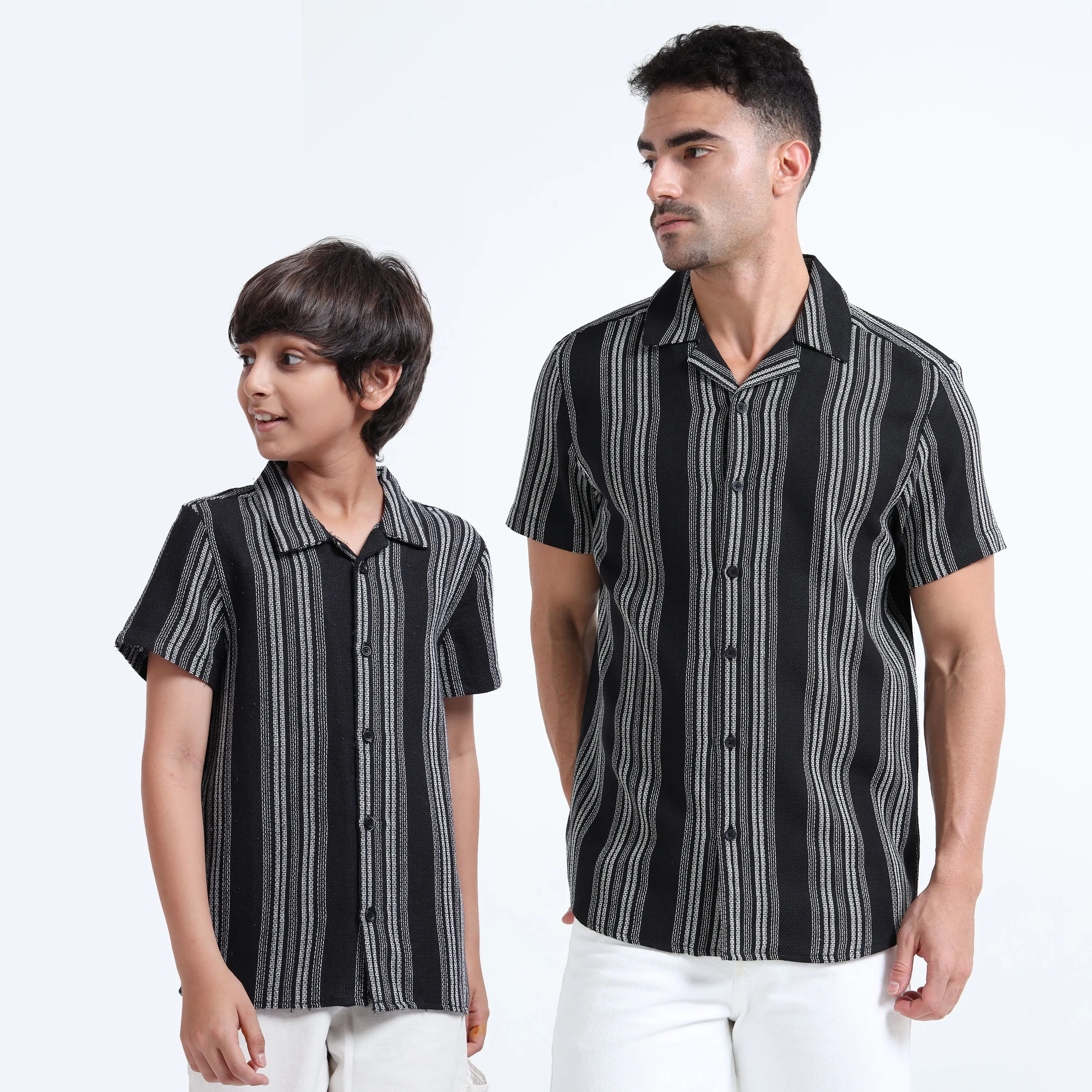 Dad & Son Half Sleeve Textured Striped Sustainable Fabric Twinning Set Black White