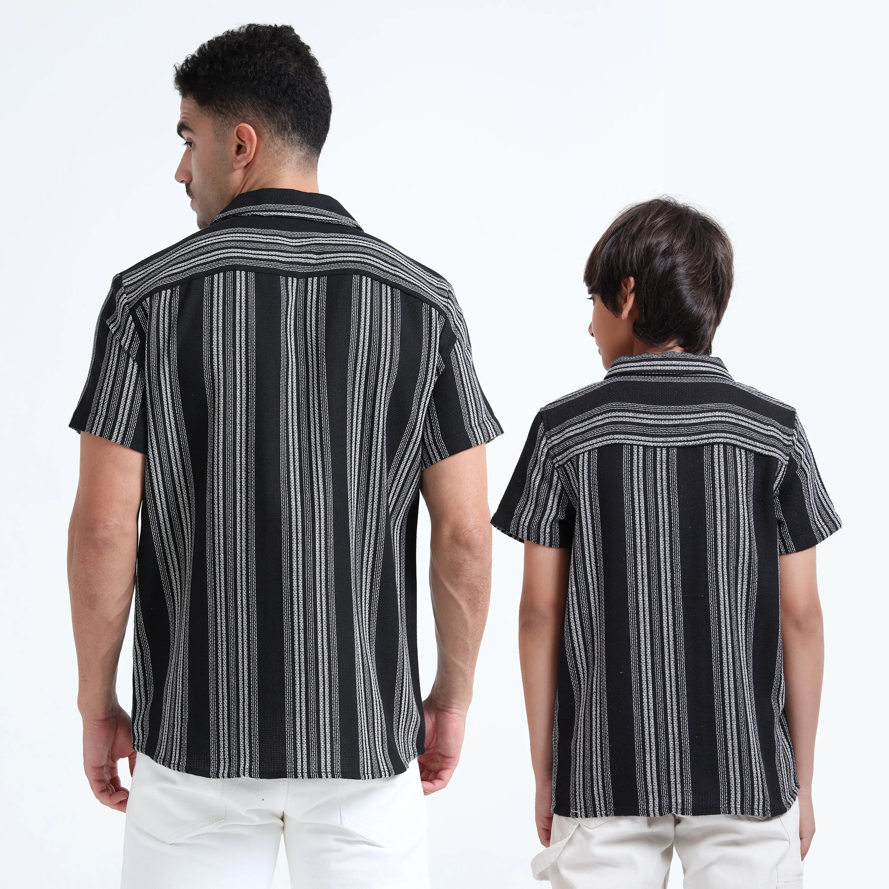 Dad & Son Half Sleeve Textured Striped Sustainable Fabric Twinning Set Black White